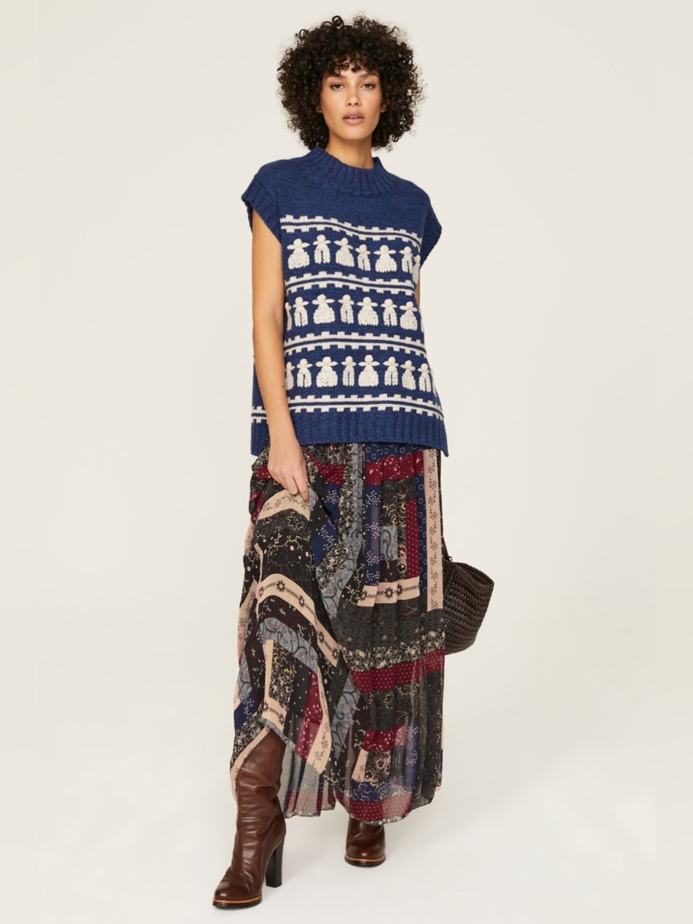 Sea New York Floral Patchwork Elastic Waist Skirt in Black & Burgundy
